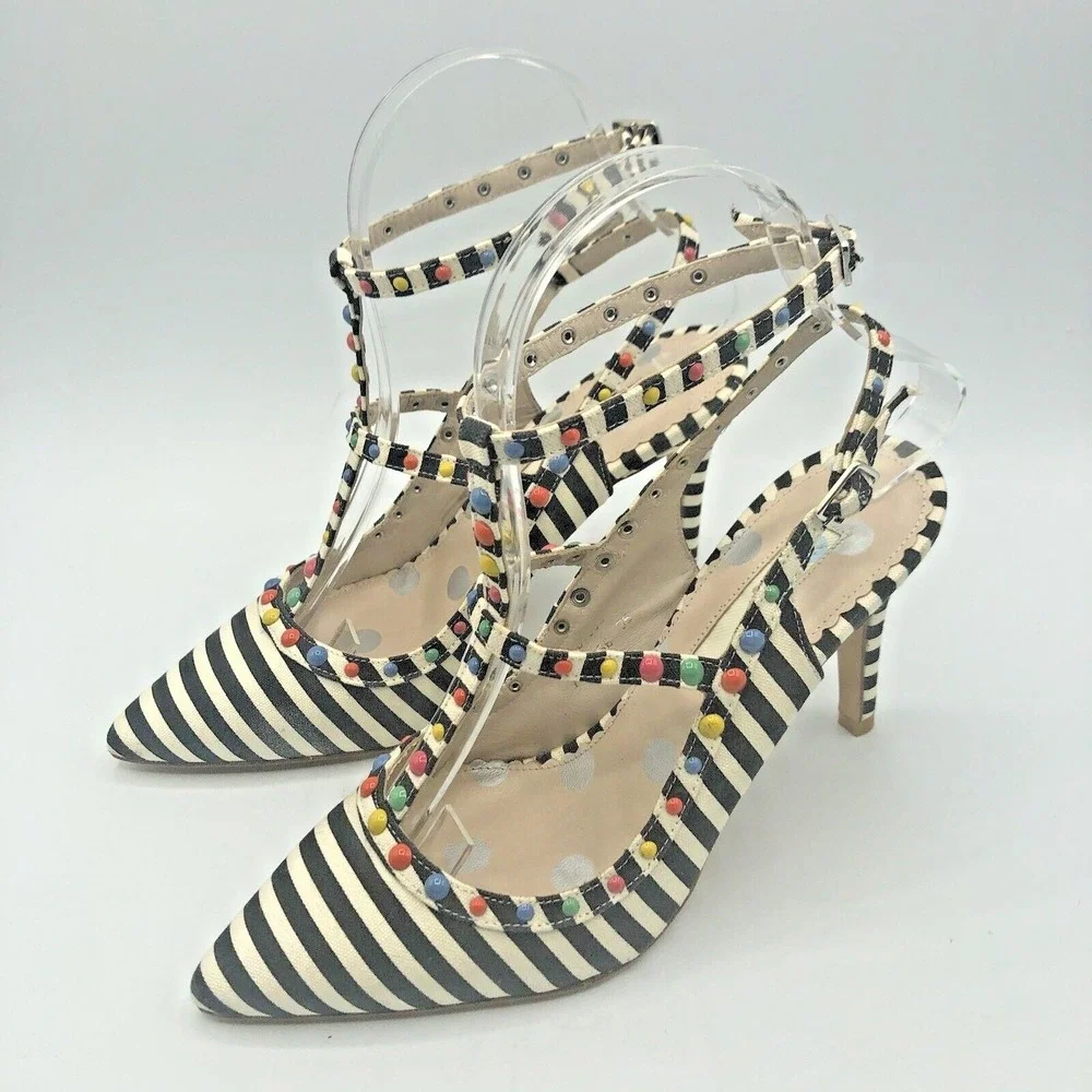 Boden Ashley Striped Courts heels Pumps Spain Studded Double T Bar Straps Sz 5.5